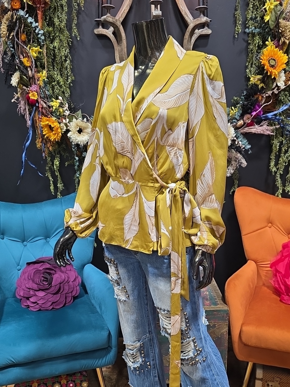 Banana Republic Golden Yellow & White Wrap Blouse